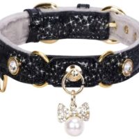PetsHome Cat Collar, Dog Collar, [Bling Rhinestones] PU Leather Adjustable Pet Collar with Luxury Pendant for Big Cat and Small to Medium Dog Small Black