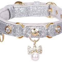 PetsHome Cat Collar, Dog Collar, [Bling Rhinestones] PU Leather Adjustable Pet Collar with Luxury Pendant for Big Cat and Small to Medium Dog Small Silvery
