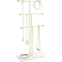 Umbra Trigem Hanging Jewelry Organizer Tiered Tabletop Countertop Free Standing Necklace Holder Display, 3, Brass/White