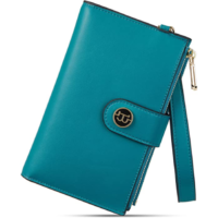BOSTANTEN Leather Wallets for Women, Smartphone Wristlet Clutch Purse RFID Blocking Card Holder with Double Zipper Pockets Peacock Blue