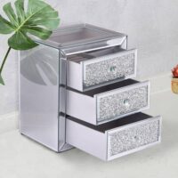 MOMNGNE Mirrored Glass Jewelry Box with 3 Drawer, Multi-layer Crushed Diamond Glass Mirrored Jewelry Box for Women