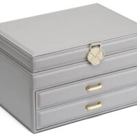 Vlando Jewelry Box for Necklaces Rings Earrings, Mirror Jewelry Organizer Box with Drawers, Large 3 Layer Jewelry Boxxes for Women Girls, Birthday Wedding, Grey