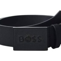 BOSS Men's Icon Logo Plaque Leather Belt, Black Onyx, 36